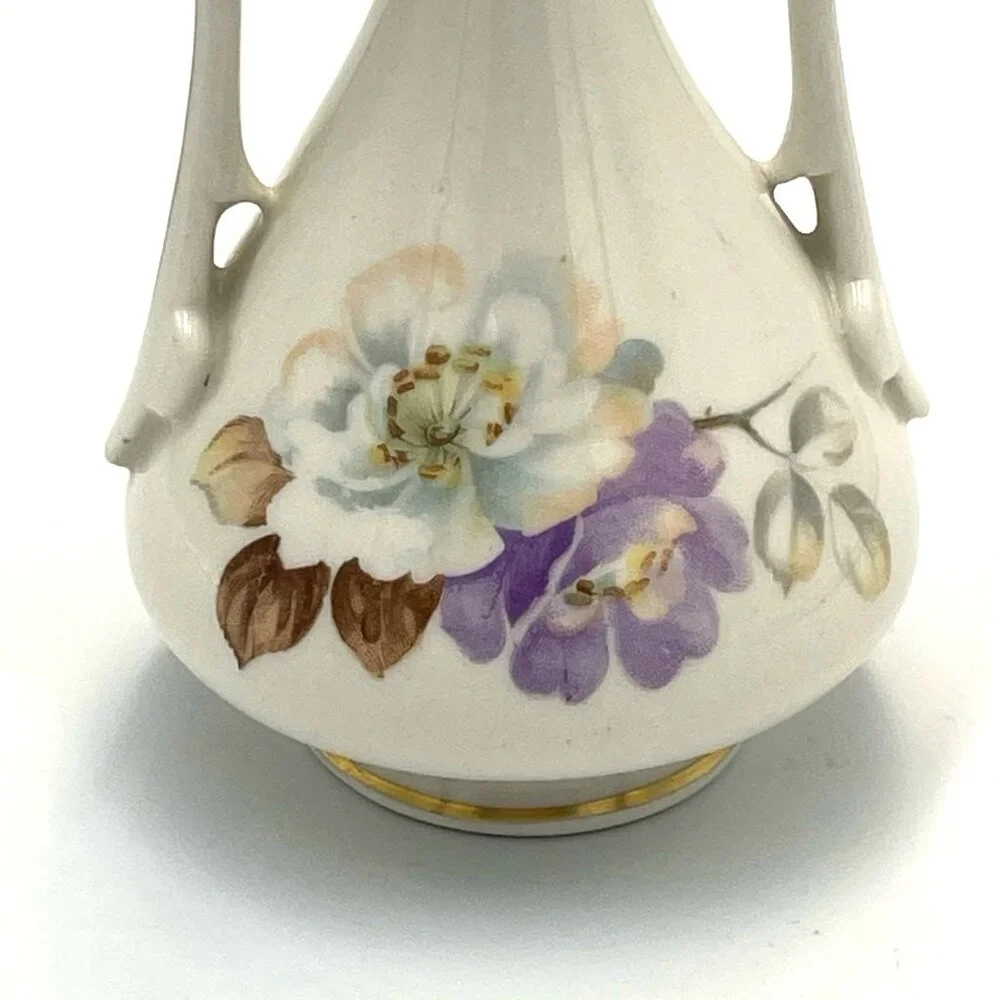 Vintage Bud Vase Double Handles‎ Porcelain/Ceramic Floral Gold Trim